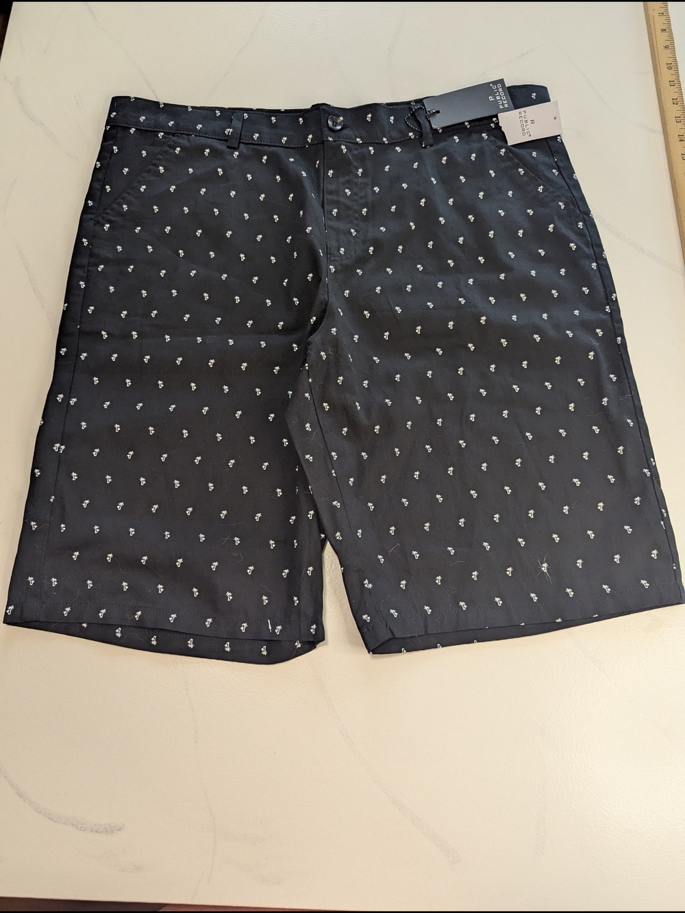 Public Record Chino Shorts Men's Size 38 Standard Fit Black White Palm Trees NWT